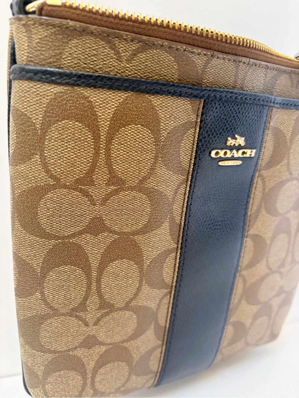 COACH Brown Signature Canvas Crossbody with NAVY Center Stripe - Picture 2 of 12